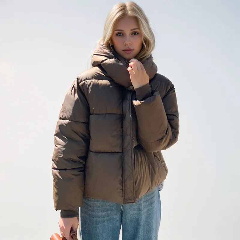 Womens short cotton jacket womens hooded sweatshirt stand up collar warm park top womens solid color half season jacket womens winter jacket 241107