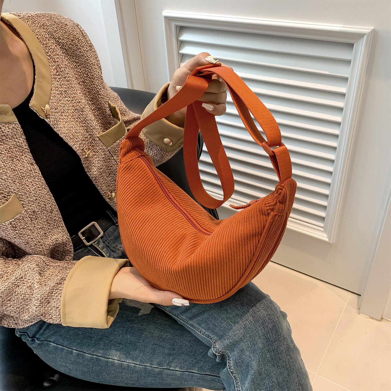 Orange Corduroy Crossbody Bag For Women Fashion Portable Casual Hobos Chest Bag Underarm Bag Students Shoulder Cross Body Bag
