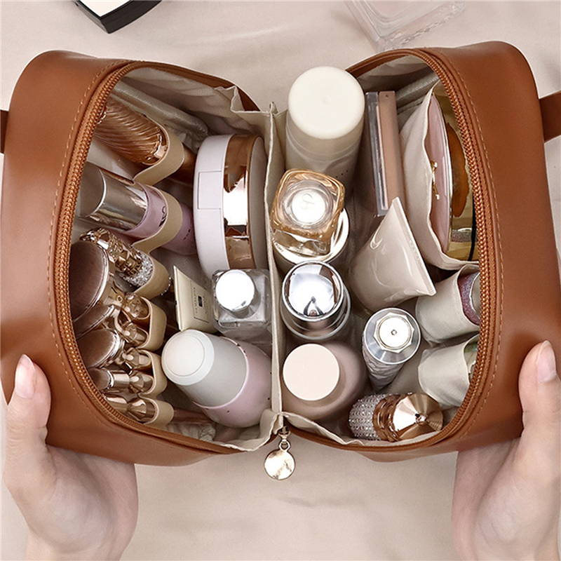 2024 PU Leather Makeup Bag Large Capacity Shell Cosmetic Bag Solid Color Handbag Portable Travel Wash Bag Bathroom Organizer Bag