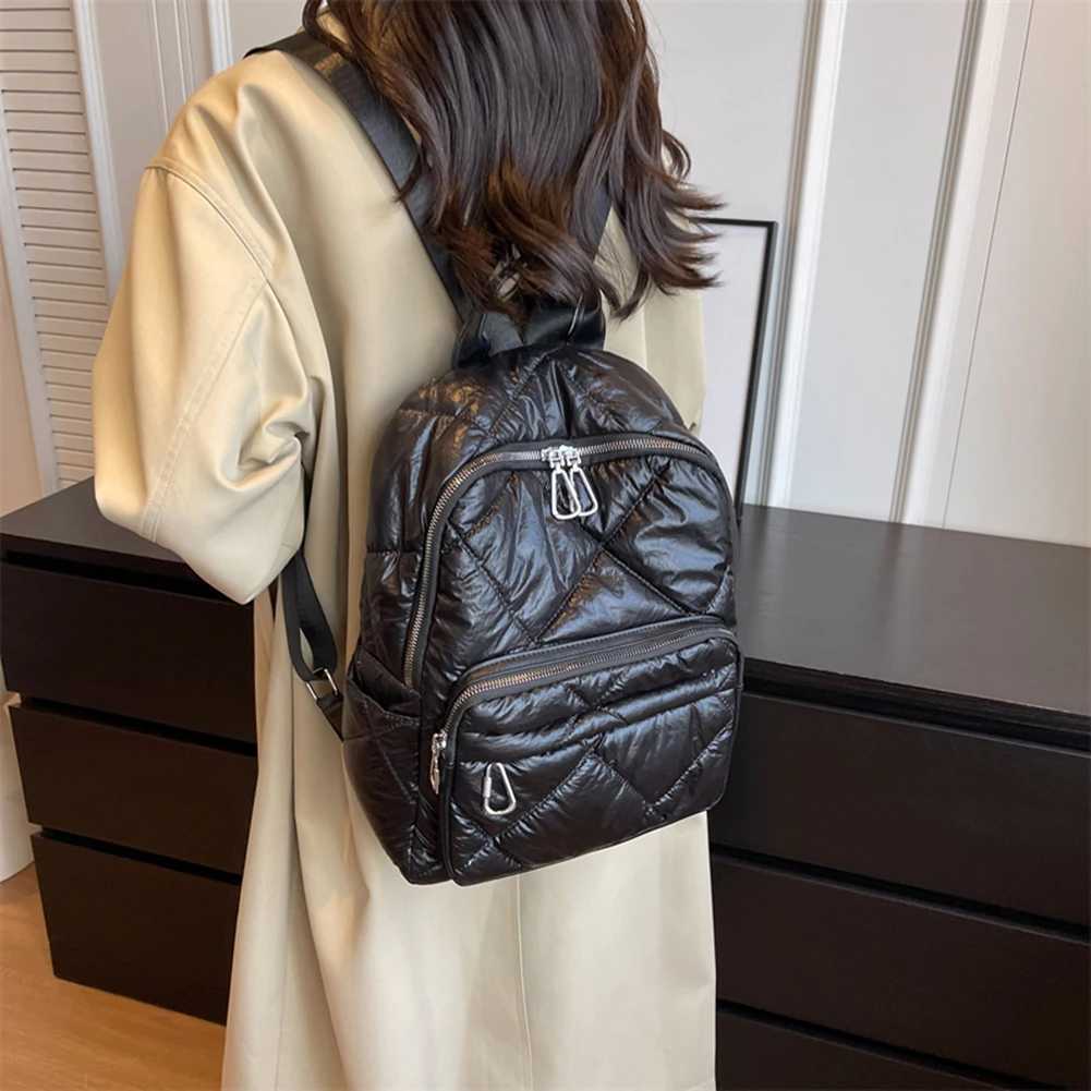 Large Quilted Cotton Padded Backpack Nylon Rhombic Lattice Ladies Knapsack Fashion Winter Casual Portable Soft for Female Girls 241107