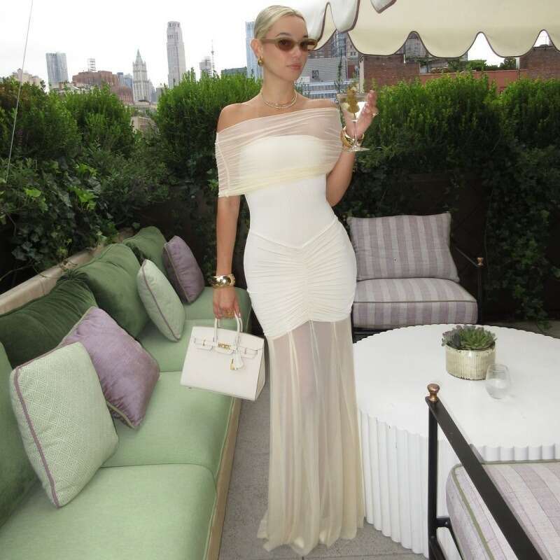 Talenza Mesh Patchwork One Shoulder Long Women's Sexy Sleeveless Pleated Slim Party Elegant Solid Evening Dress Fall