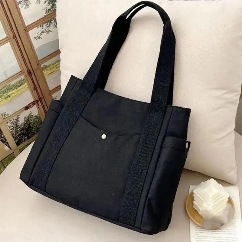 Canvas Women's Shoulder Bag Large Capacity Multiple Outer Pocket Zipper Tote Bag Student Handbag Shopping