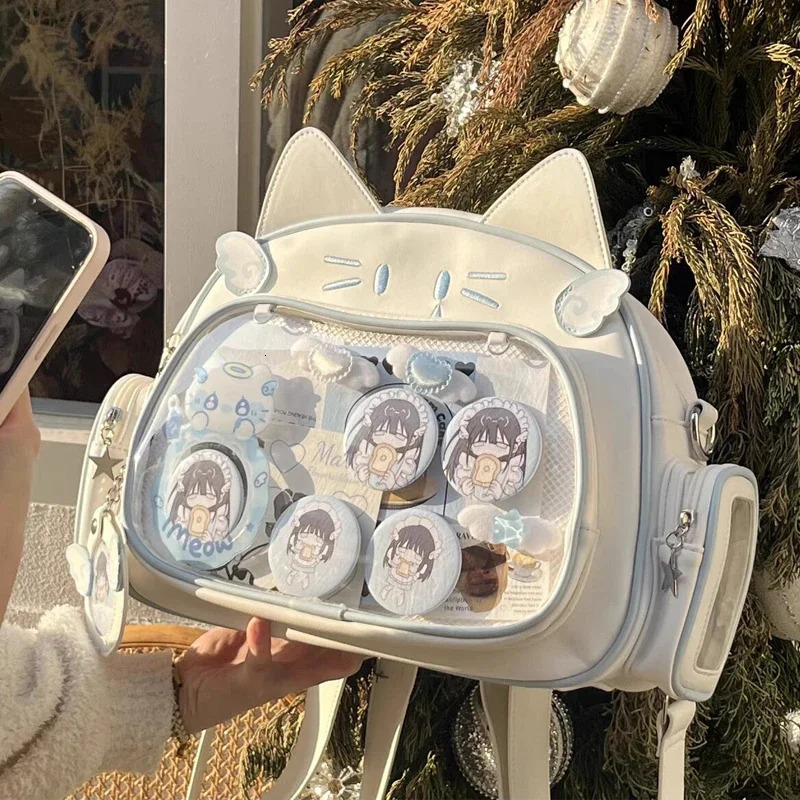 Suitable for womens white backpack Y2K Korean Kawaii cat Ita bag PU cute girl transparent pocket aesthetic shoulder cross body bag 241106