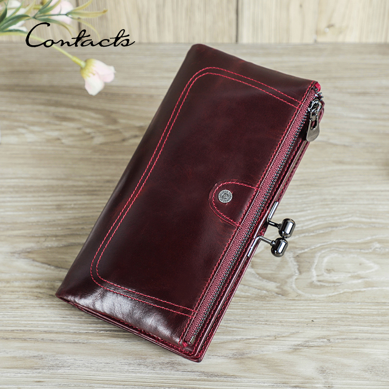 CONTACT'S Genuine Leather Wallets for Women Metal Frame RFID Card Holder Coin Purses Female Bag Luxury Designer Women's Purses
