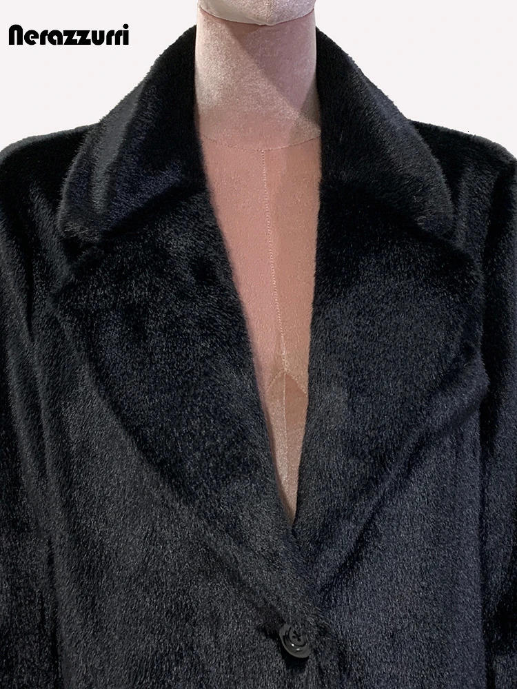 Sapphire autumn fluffy warm soft black faux mink coat jacket womens single chest loose casual Korean fashion 241107