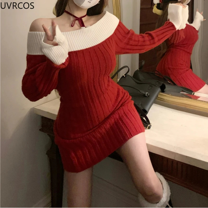 Sexy Red Christmas Dress Women Autumn Winter Korean Style Slash Neck Bodycon Knitted Dresses Female Elegant Y2k Party Mini Dress 241107