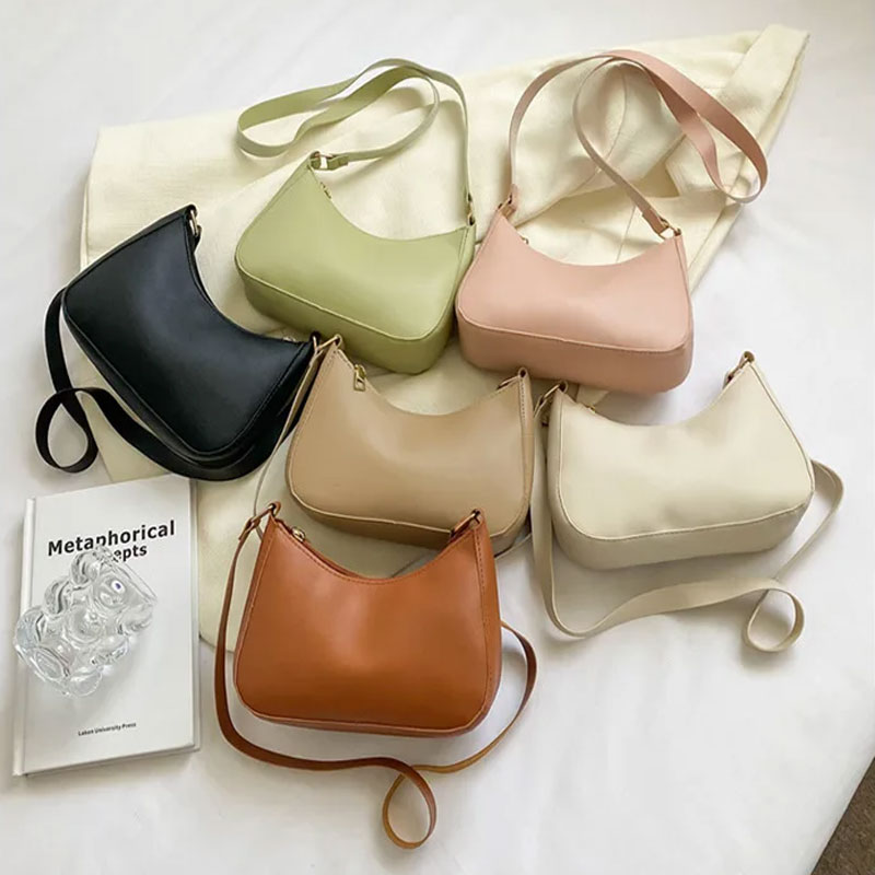 Womens Fashion Handbags Retro Solid Color PU Leather Shoulder Underarm Bag Casual Hobos Simple Design Handbags