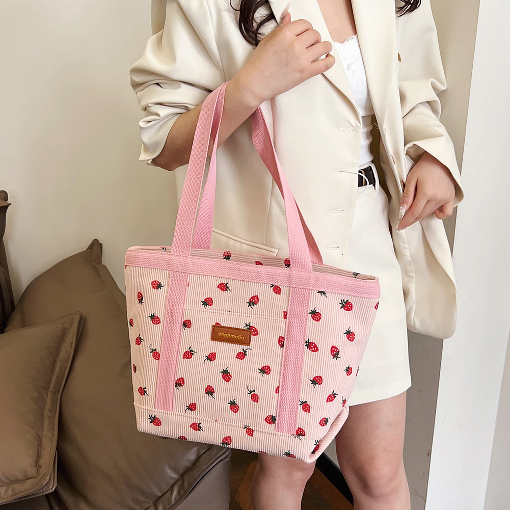 Women Strawberry Printed Shoulder Bag Large Capacity Corduroy Strawberry Pattern Underarm Bag Zipper Closure Girls Outdoor Bag