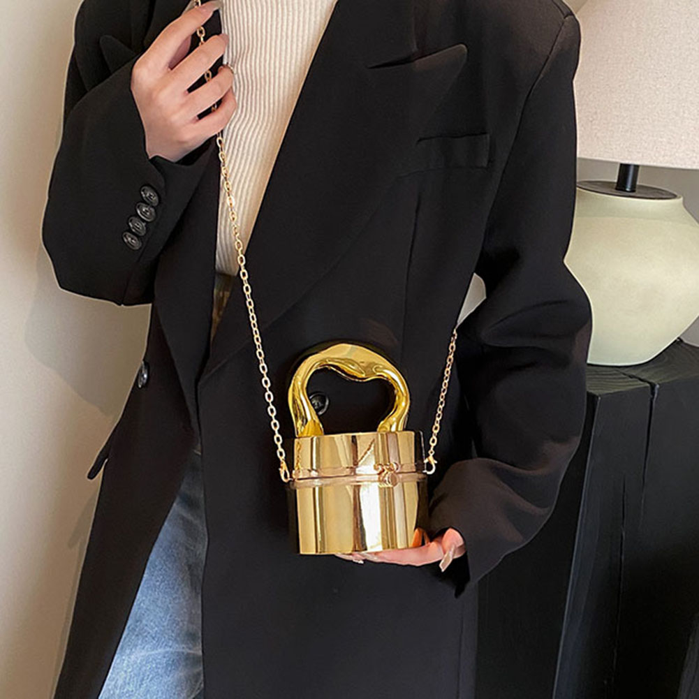 Women Mini Designer Handbags Metal Handle Chain Crossbody Bag Metallic Color Mini Luxury Handbags Street Style Chain Satchel Bag