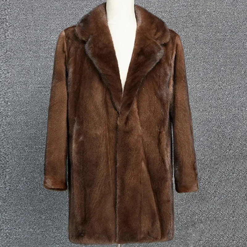 Mens dark brown faux fur warm mink coat with thick collar autumn loose casual jacket 241107