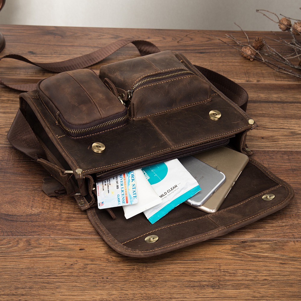Original Leather Male Casual Design Student Shoulder Messenger Crossbody bag Fashion College Satchel 10" Book bag For Men 202-d