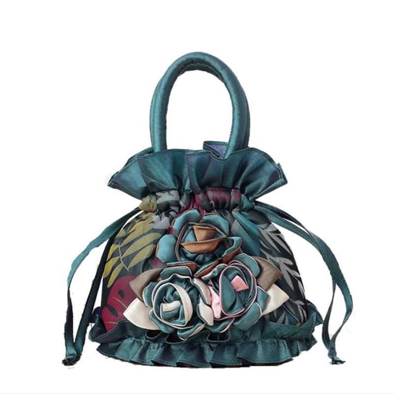 Fashion Small Women Leather Bucket Bag Handbag Floral Lace Drawstring Shoulder Bag Messenger Crossbody Bags Purses