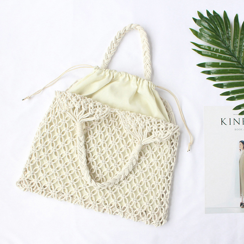 Large Capacity Hollow Woven Handbag Portable Beach Bag Casual Solid Color One-shoulder Bag Cotton Rope Handmade Net Bag