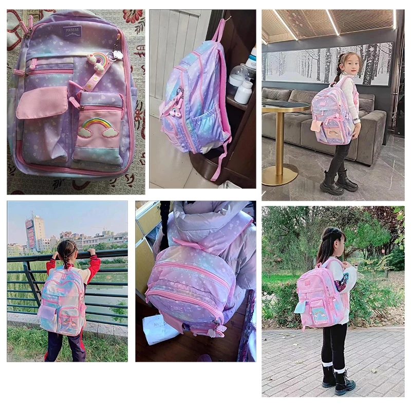 Kawaii Elementary Student Backpack Starry Rainbow Bookbag Large Capacity Schoolbag Set Multifunction School Bags for Children