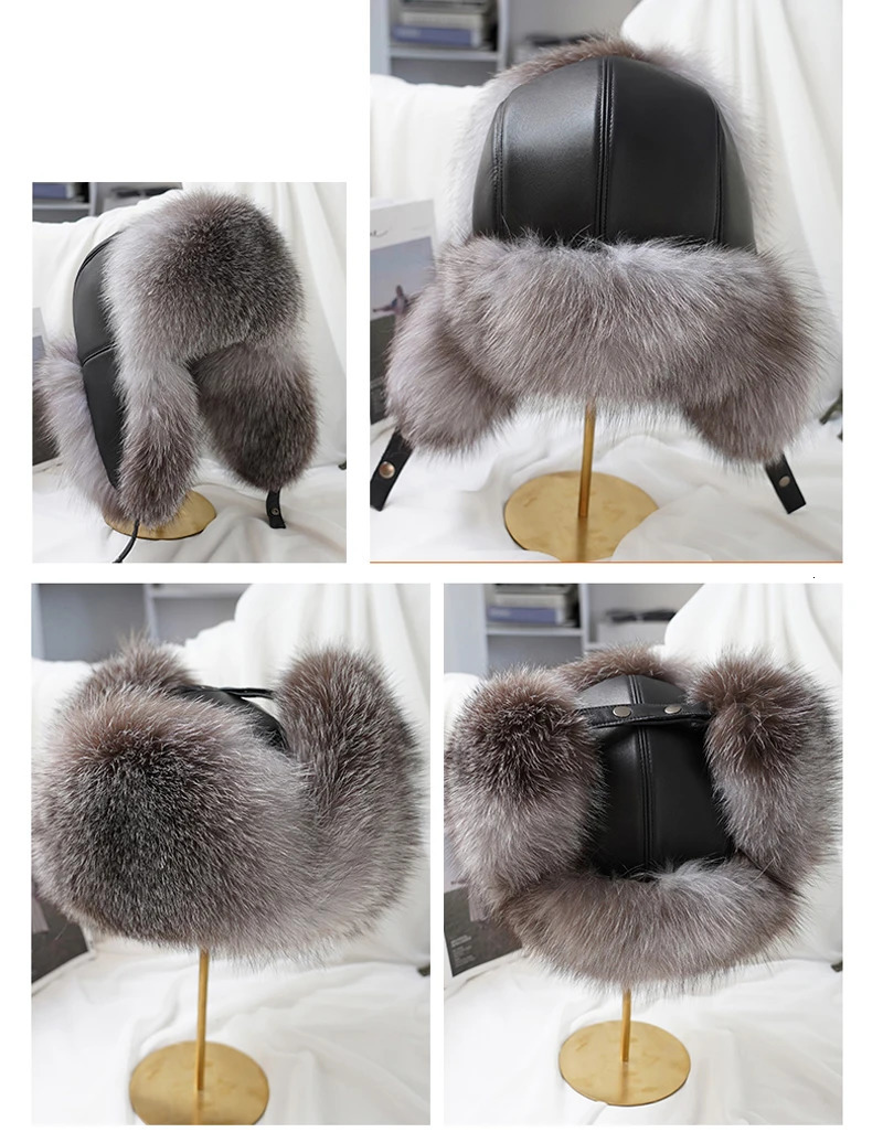 Winter Mens 100% Real Silver Fox Fur Bomber Hat Raccoon Fur Wusanka Hat Catcher Russian Mens Ski Hat Real Leather 241106