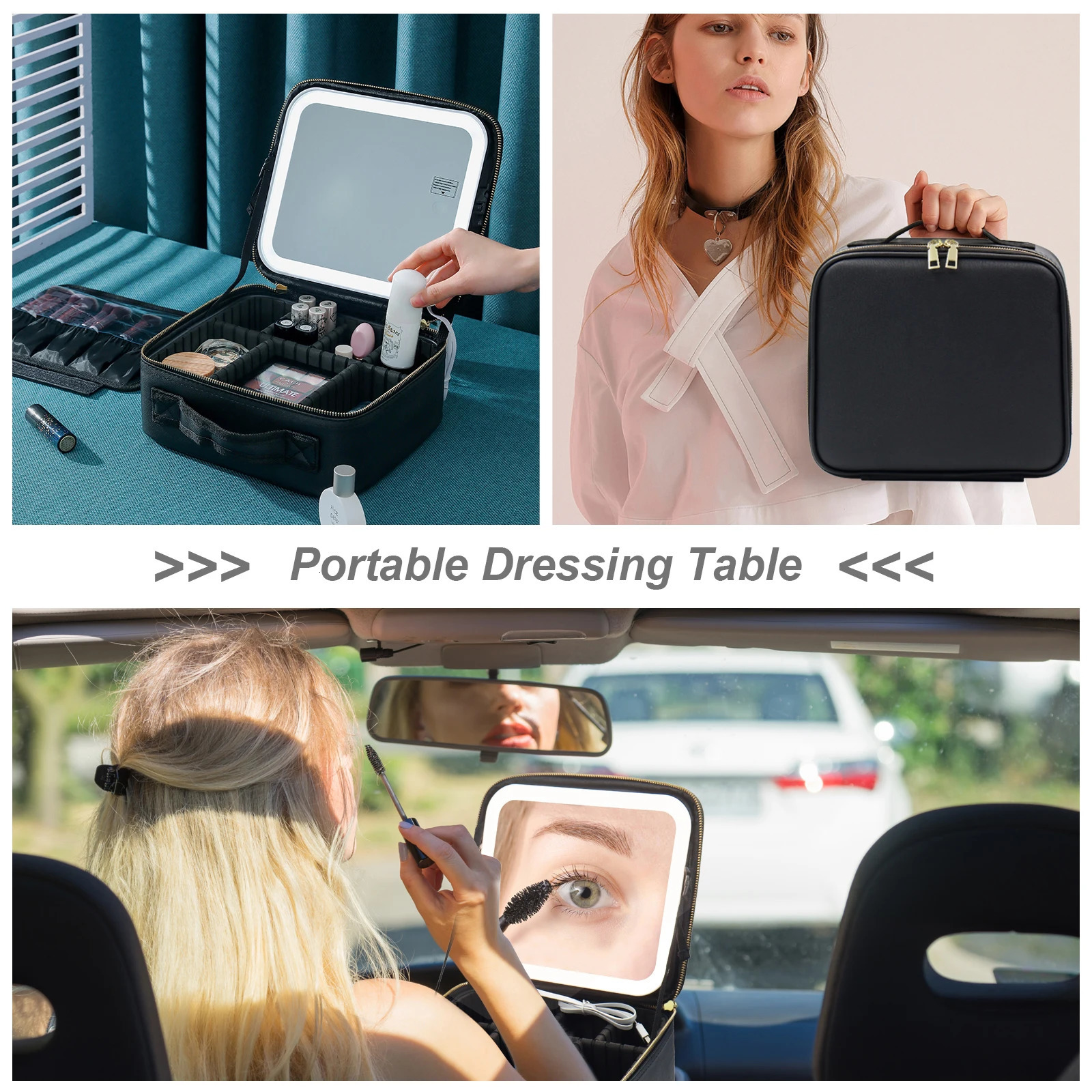 Travel makeup bag with LED light mirror adjustable divider and detachable 10x magnifying glass 241106