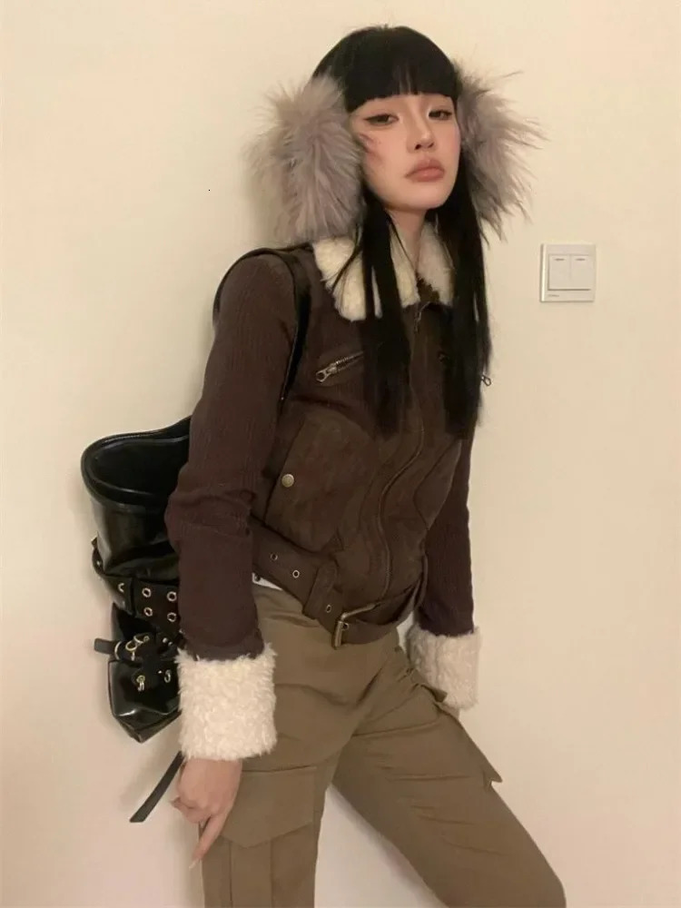 Japanese Y2k fur coat womens retro brown knitted jacket retro Korean zipper winter 2000s aesthetics 241107