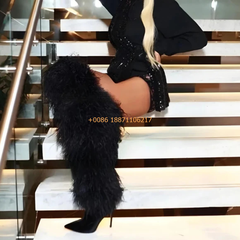 Sexy Ladies Catwalk Knee-High 2024 Autumn Winter Pointed Black Furry Model Stilettos Fashion Party Casual Street Long Boot