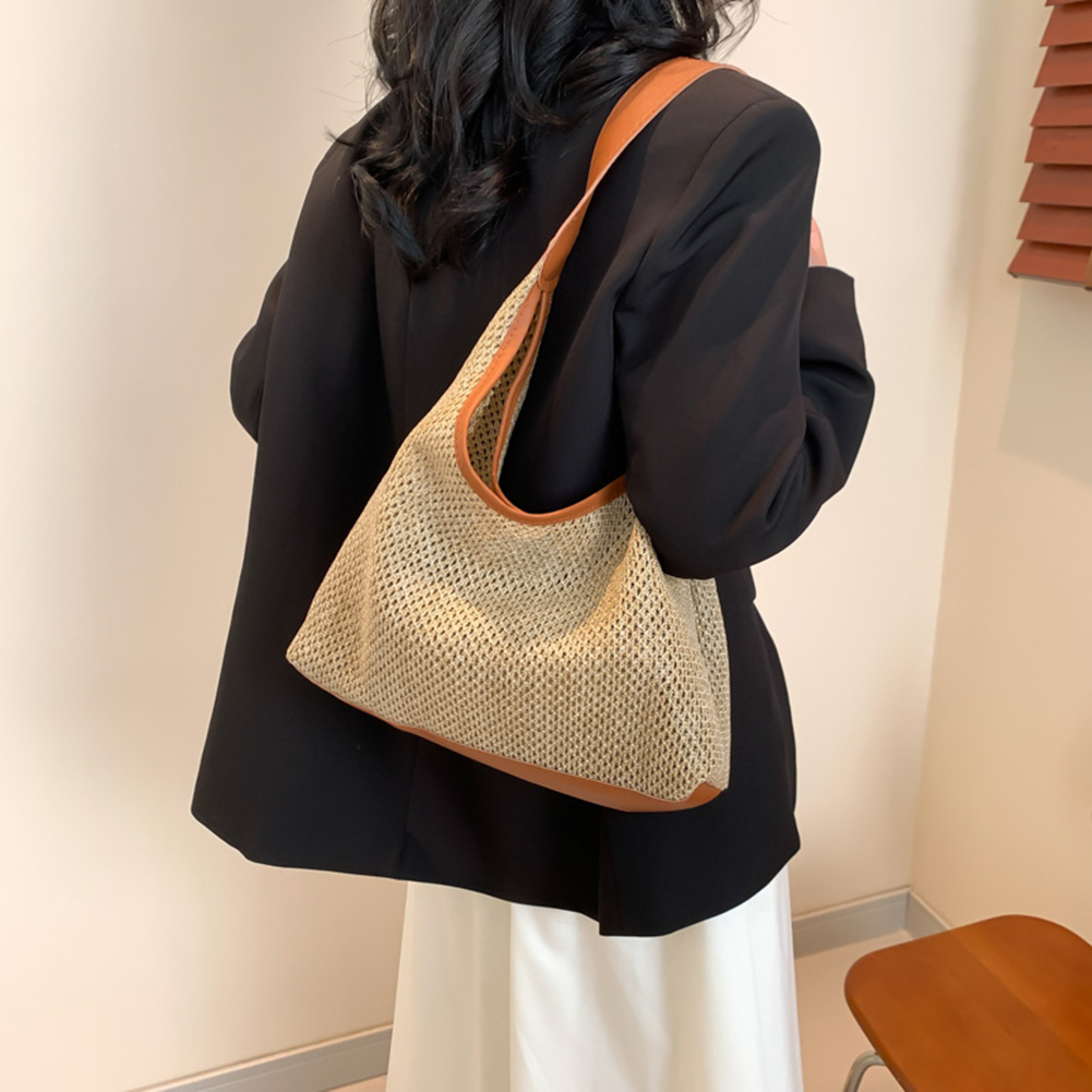 Women Straw Woven Tote Bag Fashion Woven Handbag Large Capacity Tote Clutch Bags with Small Pouch Solid Color Top-handle Handbag