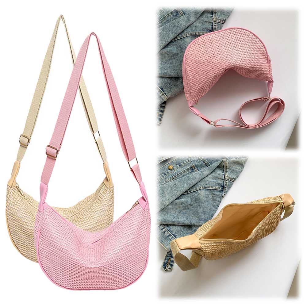 Women Straw Woven Dumpling Bag Large Capacity Shoulder Bag Adjustable Strap Crescent Crossbody Bag Casual for Party Vacation