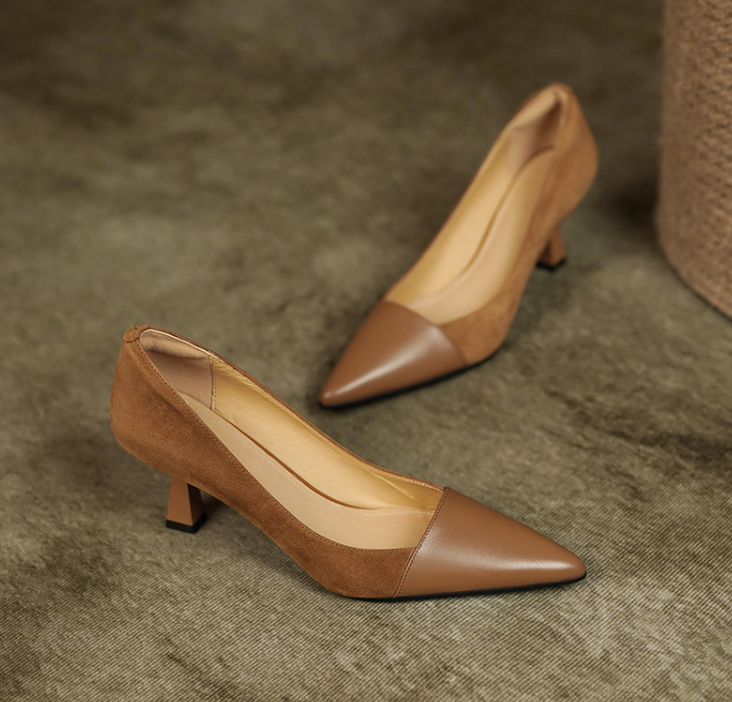 Fashionable Splicing 2024 Women's Pointed-Toe High Heels in Brown/Green b67a