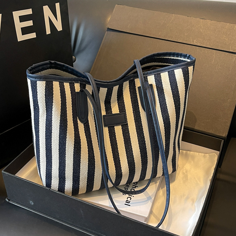 Canvas Bag For Women Large Tote Shoulder Shopping Striped Hand Bag Female Soft Fabric Cotton Black And White Big Casual Ladies