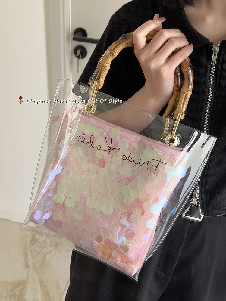 Transparent handbag summer sequin bucket bag fashionable single shoulder cross bag bamboo handbag 241106