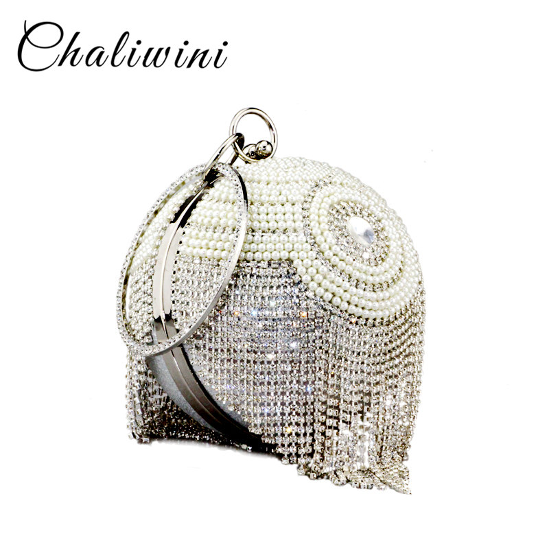 Chaliwini new design silver bowling shape totes bag beaded pearl striped flower ball wristlets tassel women messenger bags