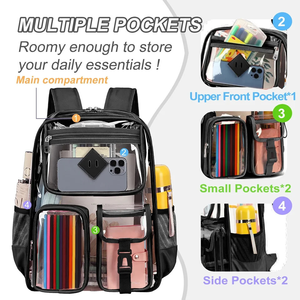 Large transparent backpack heavy-duty sports stadium approved girls backpack waterproof PVC transparent girls backpack 241106