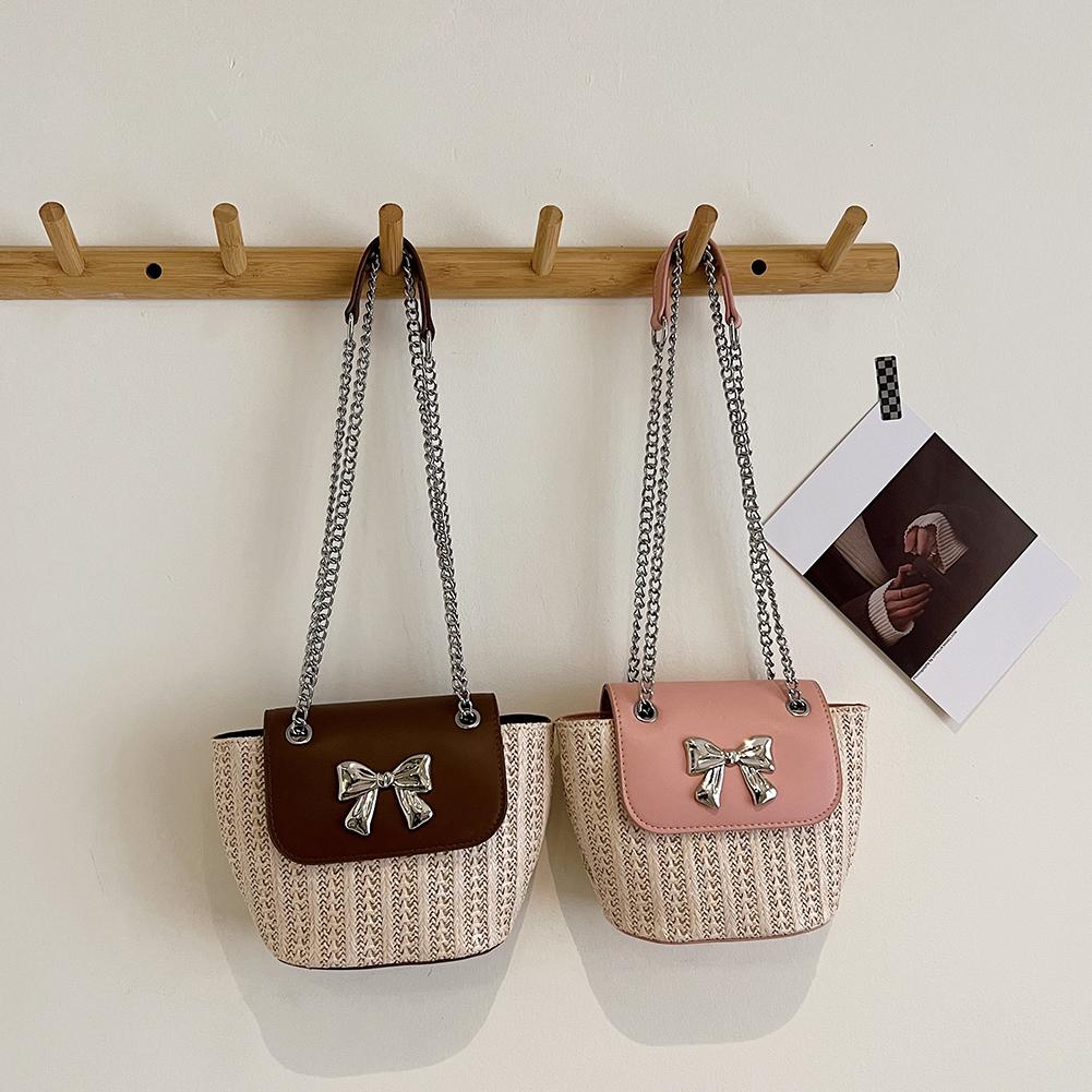 Woven Bow Chain Crossbody Bag Boho-chic Handbag Crochet Straw Shoulder Bag Summer Beach Bag Women Makeup Bag Travel Bag
