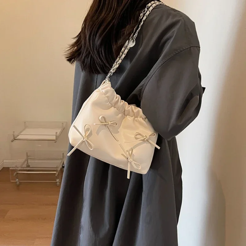 Cute Small Bow Tie Design Crossbody Bags for Women 2024 New Silver Handbags PU Leather Shoulder Bag Bucket Purses