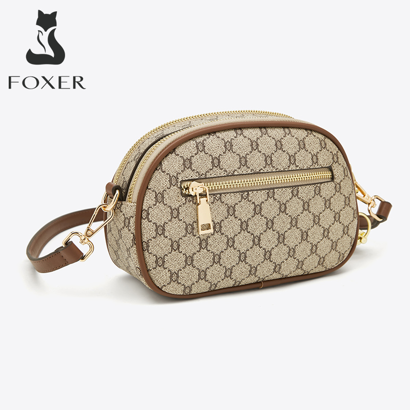 FOXER Monogram Prints Women's Gift Messenger Bag PVC Round Shoulder Bag Female Fashion PU Leather Tow-tier Zipper Crossbody Bags