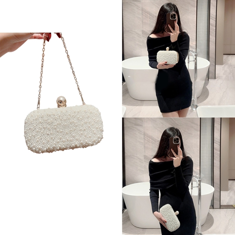 Women Elegant Beaded Pearl Handbag Bridal Wedding Party Clutch Prom Evening Bag with Detachable Chain Crossbody Shoulder Bag