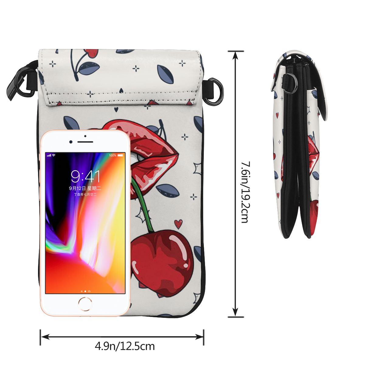 Fashion Cherry Print Mini Messenger Bag Women Adjustable Leather Strap Shoulder Pouch Cell Phone Casual Lady Handbag