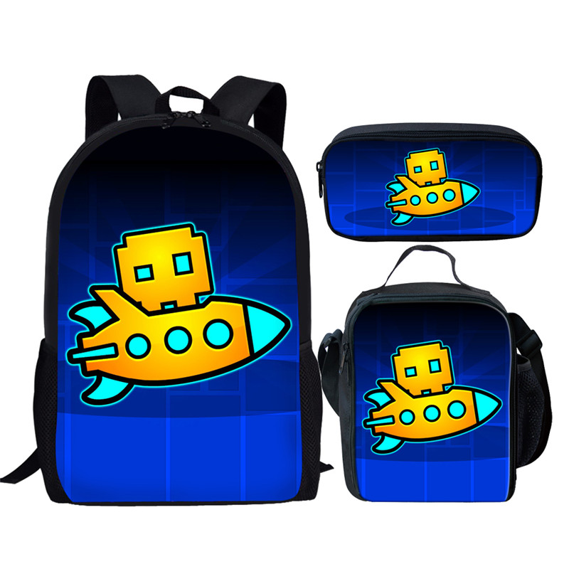Cartoon Geometry Dash Print 3Pcs School Bag Set for Teenager Girls Boys Kids Backpack Student Book bag with Lunch Bag Pencil Bag