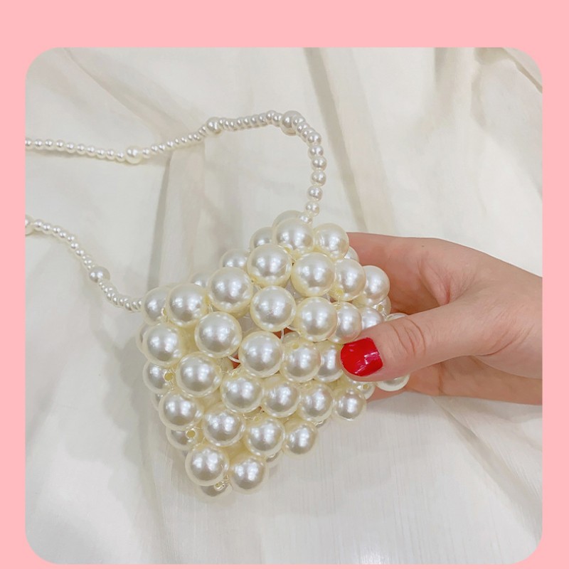 Pearl Shoulder bag handmade woven beaded niche design children's portable crossbody bag cute mouth red bag mini Girls Purse