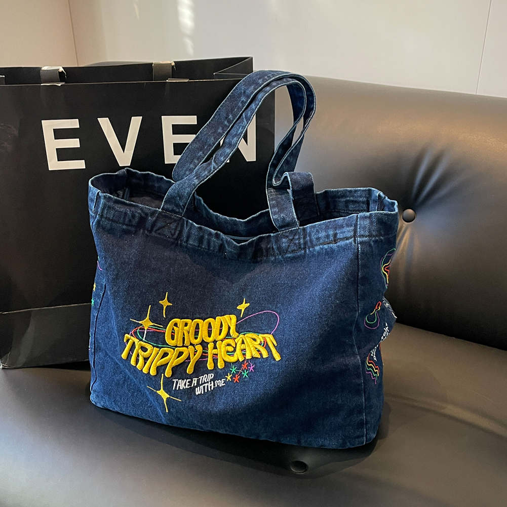 Denim Shoulder Bag Large Capacity Embroidered Tote Bag Retro Fashion Handbag Aesthetic Hobo Bag for Women and Girls