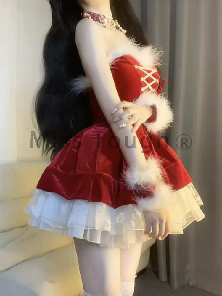 Winter French Fashion Sweet Christmas Dress Women Sense Lace Patchwork Lace Waist Red Dresses Sexy Retro Clothes 2024 241107