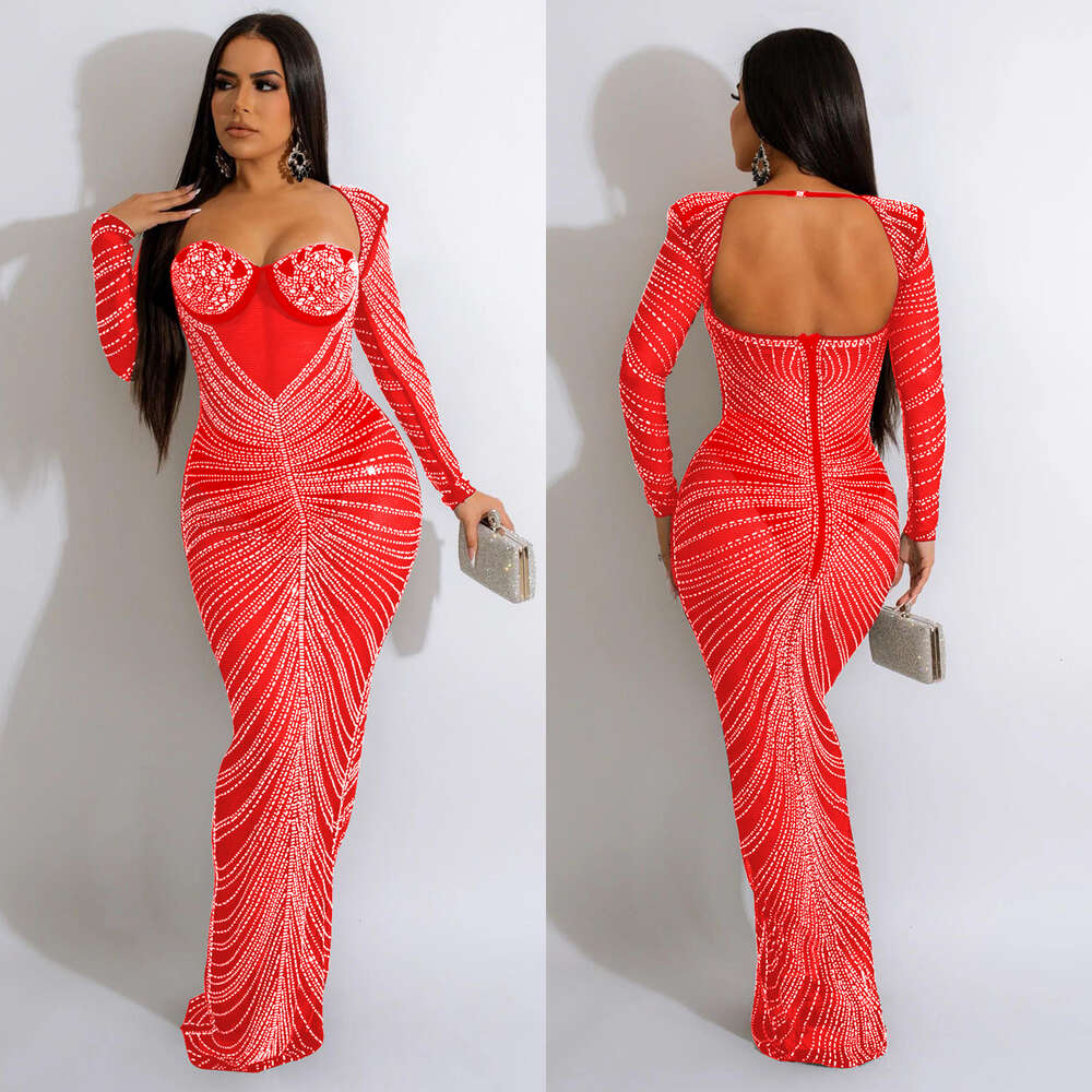 Fashion Women's Hot Diamond Mesh Perspective Sleeve Long Dress F4798 dongdumaoyi