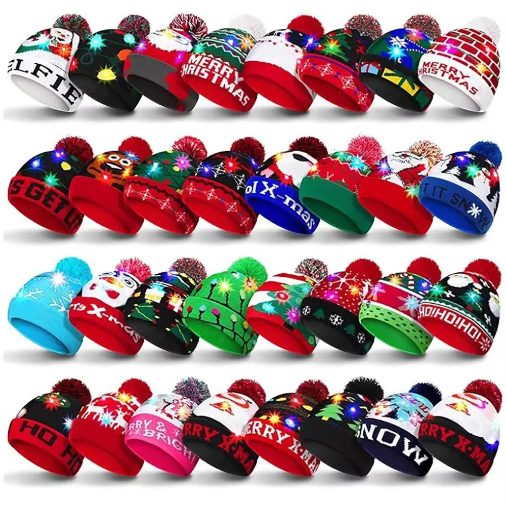 1/2/5/10/20 Christmas hats with LED lights on Beanie knitted hats winter snow hats Christmas party discounts for adults and ren 241106