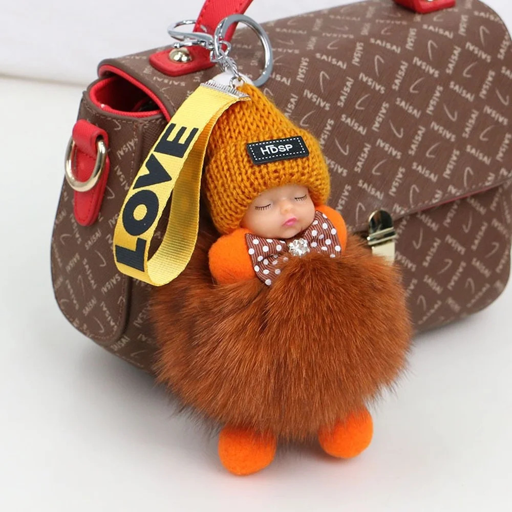 Fox fur fluffy sleeping baby keychain cute fluffy plush doll keychain womens bag keyring car keyring gift decoration 241107