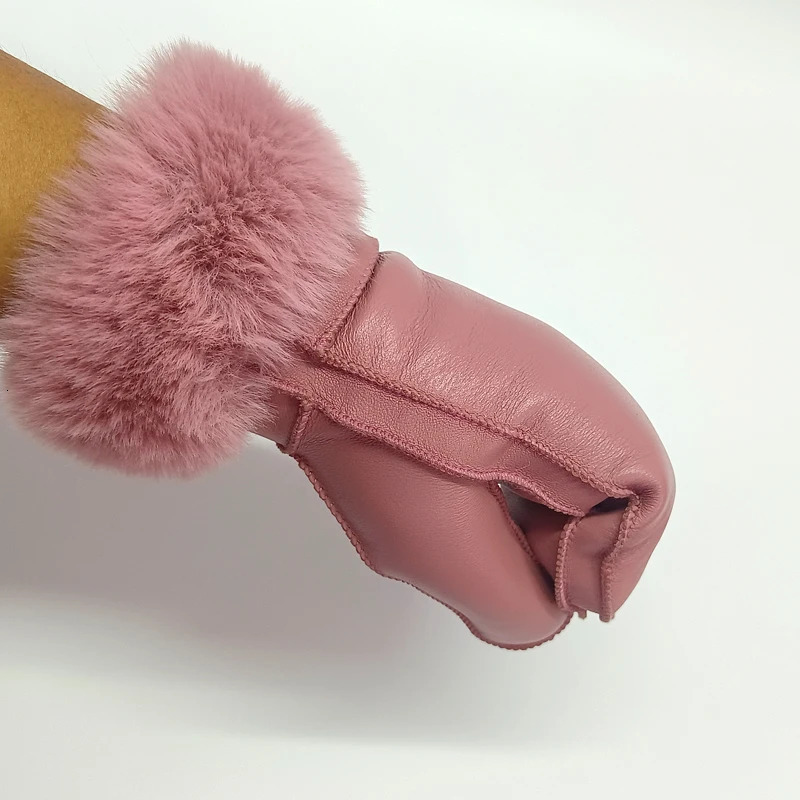 Womens winter sheepskin thick gloves imitating Rex rabbit fur cuffs for warmth even finger gloves cute fur outdoor sports womens gloves 241107
