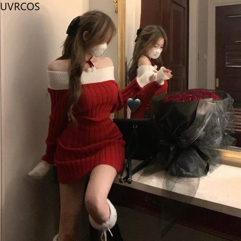Sexy Red Christmas Dress Women Autumn Winter Korean Style Slash Neck Bodycon Knitted Dresses Female Elegant Y2k Party Mini Dress 241107
