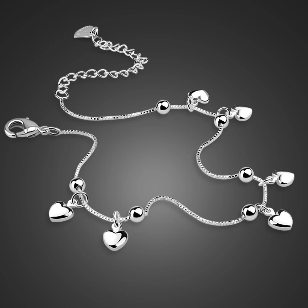 100% 925 sterling silver heart-shaped anklet pendant bead anklet summer beach anklet bracelet 241107