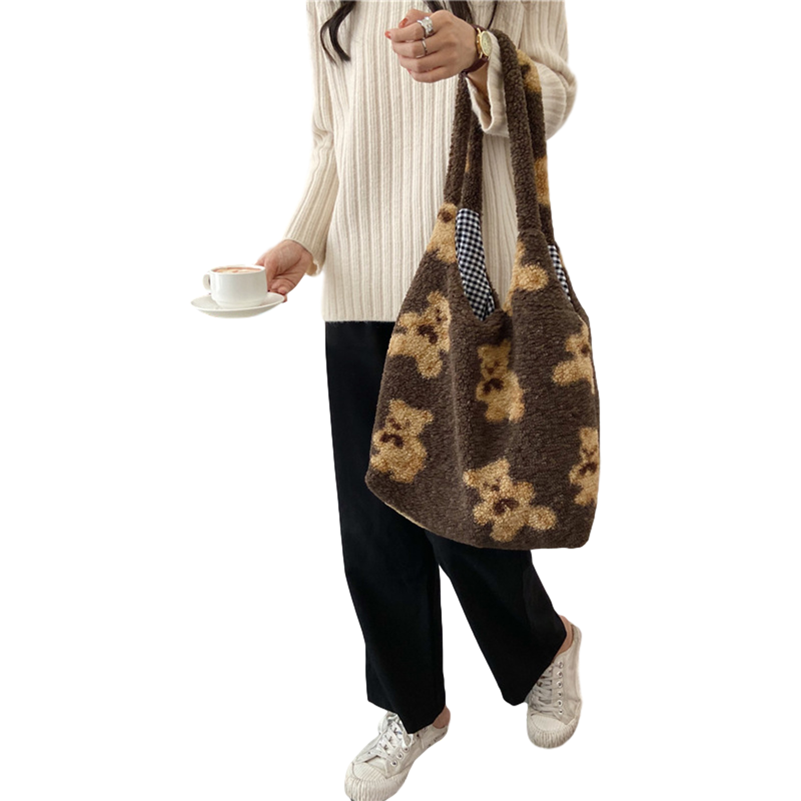 Women Bags Plush Cartoon Handbag Bear Printed Large Capacity Decorative Button Inner Plaid Shoulder Bag