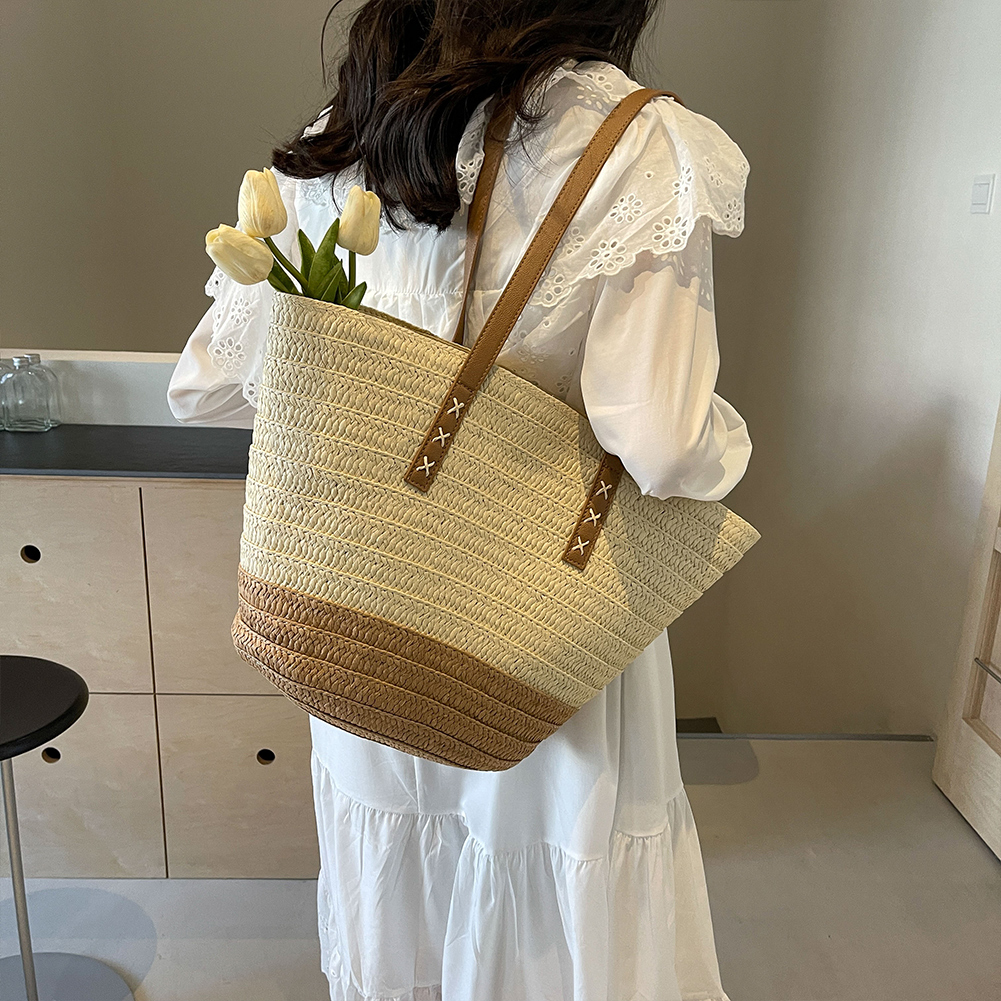 Striped Straw Beach Bag Large Woven Summer Handbag with Zipper Closure Casual Tote Bag Top Handle Bag for Women Outdoor Vacation