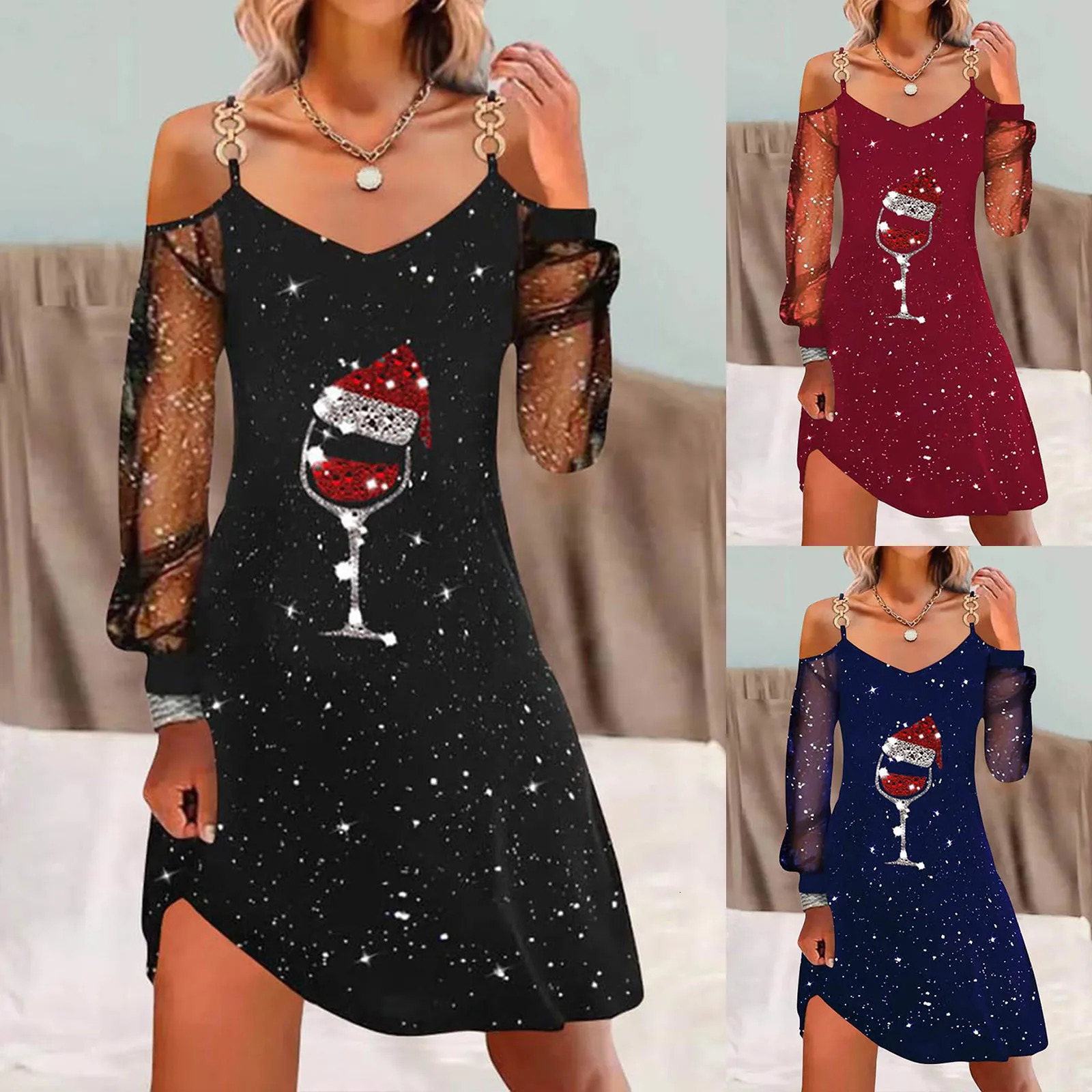 Women Classic Festival Style Dresses Christmas Gifts 2024 Wine Glass Patchwork Mesh Long Sleeved Dress Daily Vestidos 241107