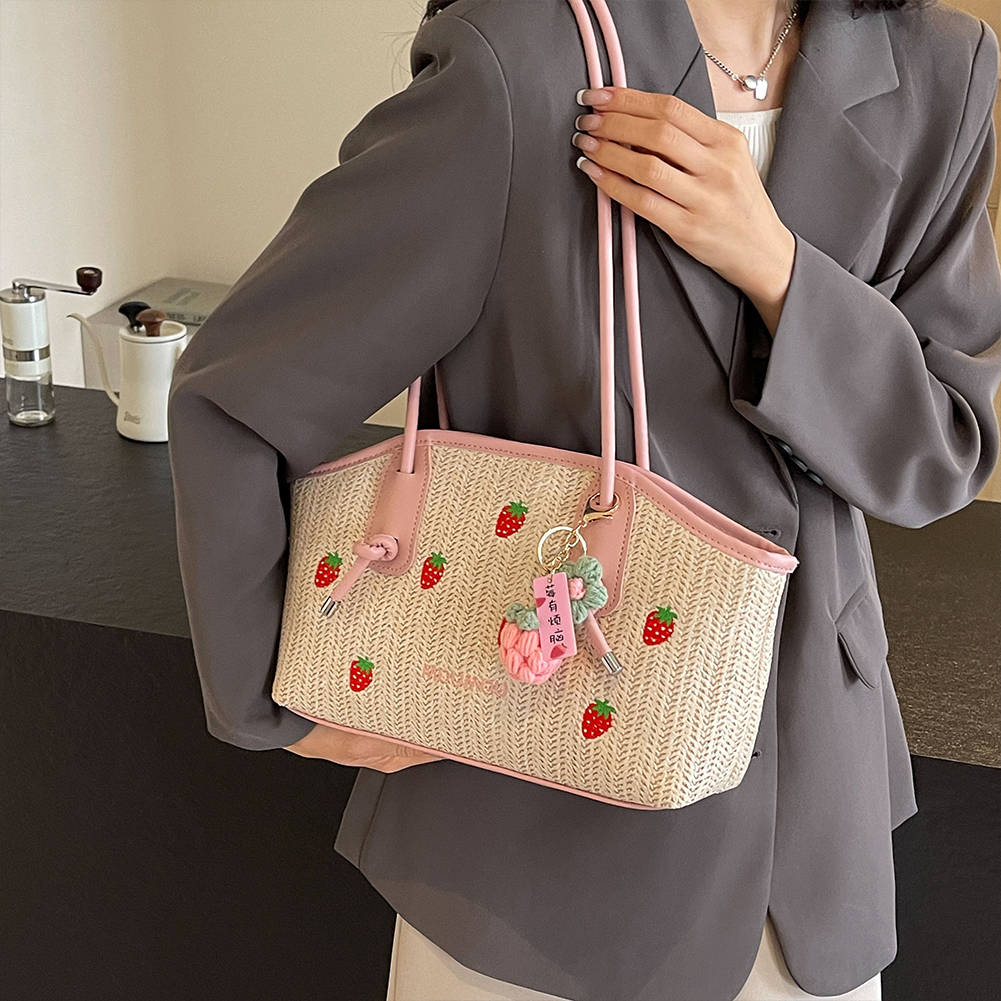 Cute Strawberry Beach Shoulder Bag with Zipper Casual Tote Bag Vacation Bag Holiday Travel Handbag for Women and Girls