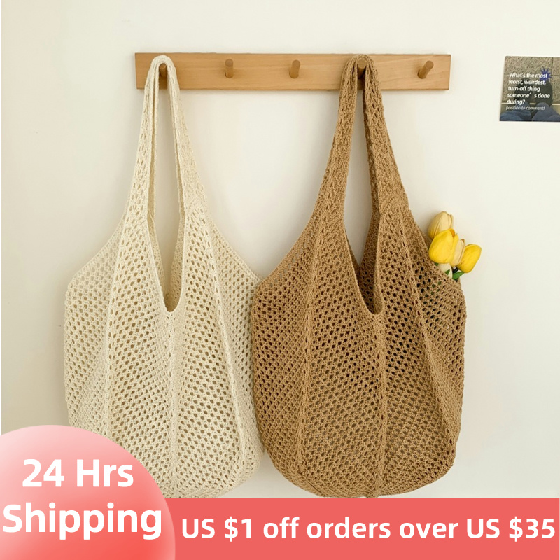 Women Crochet Tote Bag Fashion Hollow Out Knitted Bag Large Capacity Handbag Female Summer Beach Solid Color Woven Shoulder Bag