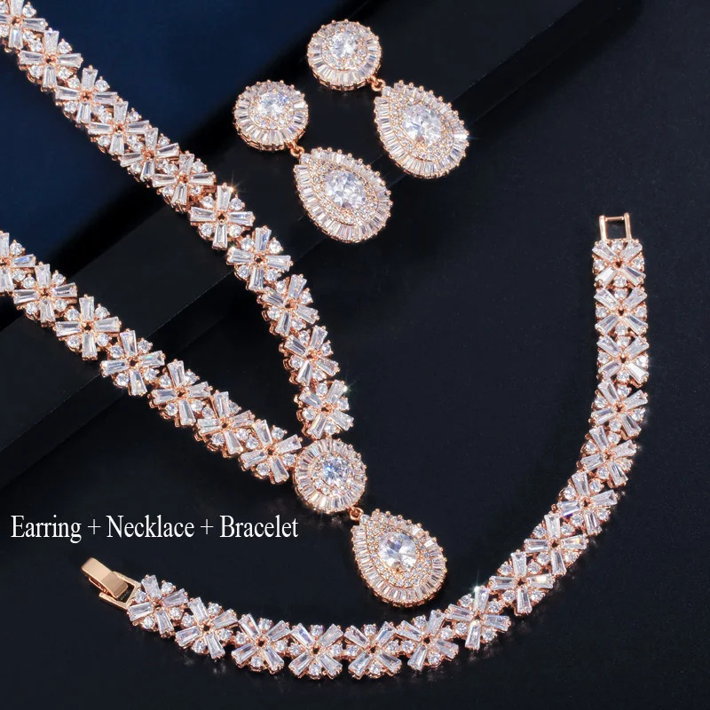 CWWZircon Exclusive Dubai Gold Plate Jewelry Cubic Zirconia Necklace Earrings Party Jewelry Set Women T053 241106
